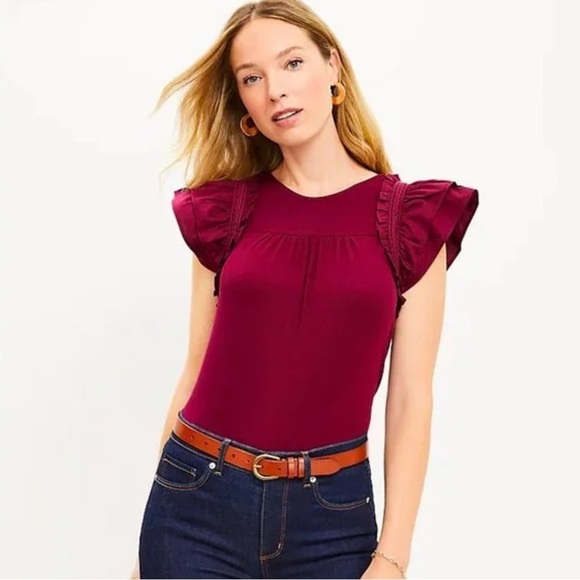 LOFT Woman Tiered mixed media cotton cottagecore ruffle sleeve tee NWT XL - Picture 1 of 12